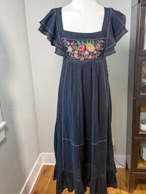 M.A.B.E. Black Embroidered Floral Maxi Dress Open Back Flutter Sleeve Size S
